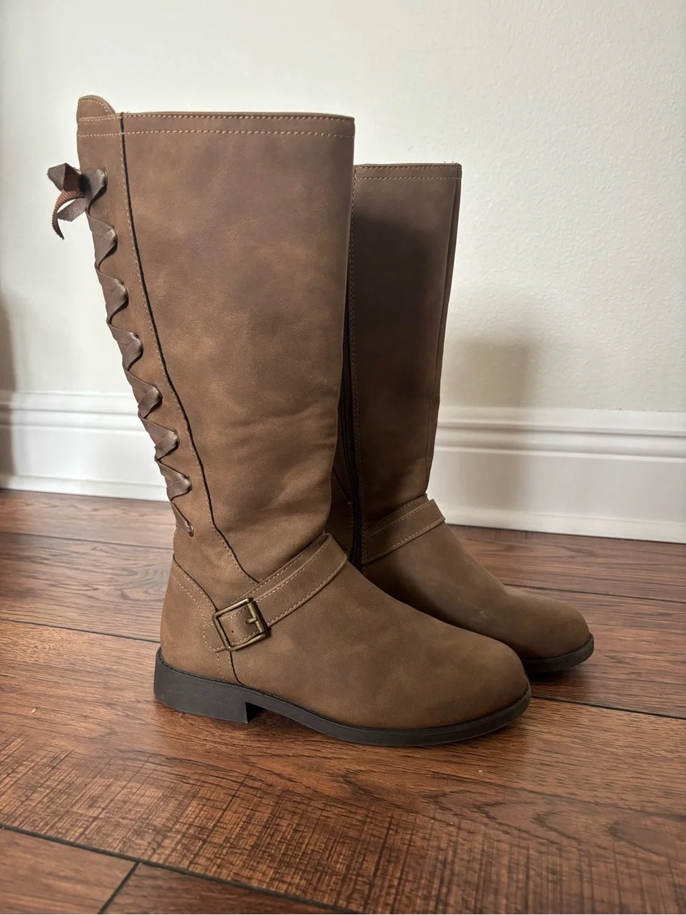 Girls Brown Faux Suede Knee-High Lace-Up Boots – Buckle Detail - Size 3
